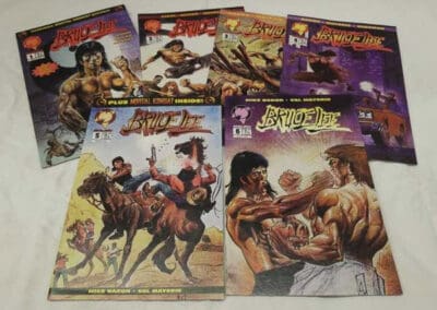 A collection of "Bruce Lee" comic books spread out, showing different cover art with martial arts themes and action scenes.