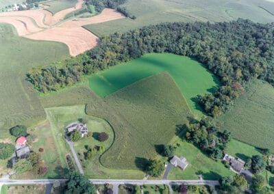 Aerial view of a rural landscape showing a road, houses, and crop fields, including a circular green field surrounded by trees.